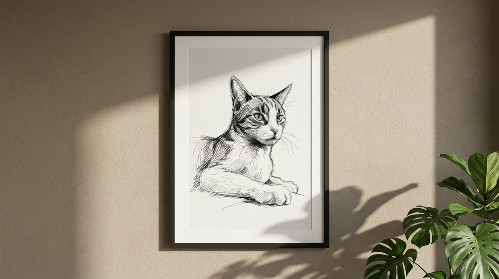 Graphite pencil pet portrait of a tabby cat lying with paws forward, in a black frame with a white mount.