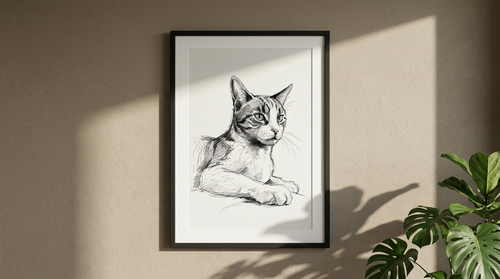 Graphite pencil pet portrait of a tabby cat lying with paws forward, in a black frame with a white mount.