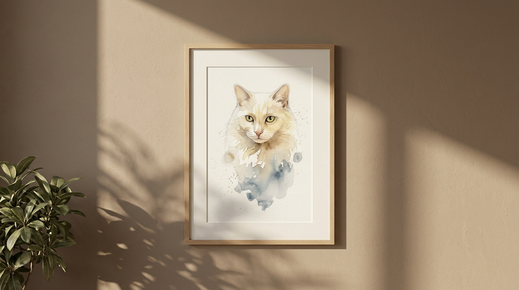 Loose watercolour pet portrait of a cream long-haired cat, washes pooling into blue below, in a natural-finish wood frame with a white mount.