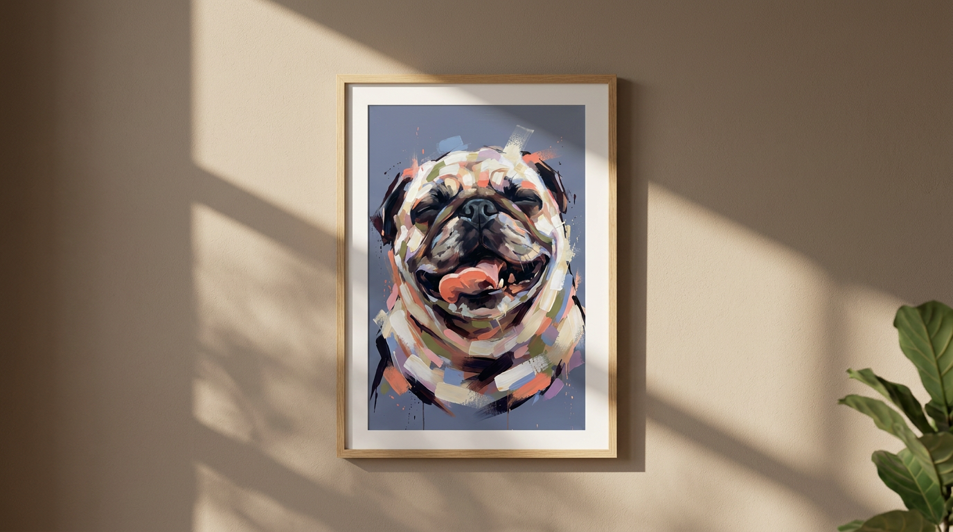 Expressionist acrylic pet portrait of a pug in bold blocks of colour, in a natural-finish wood frame with a white mount, hung on a wall.